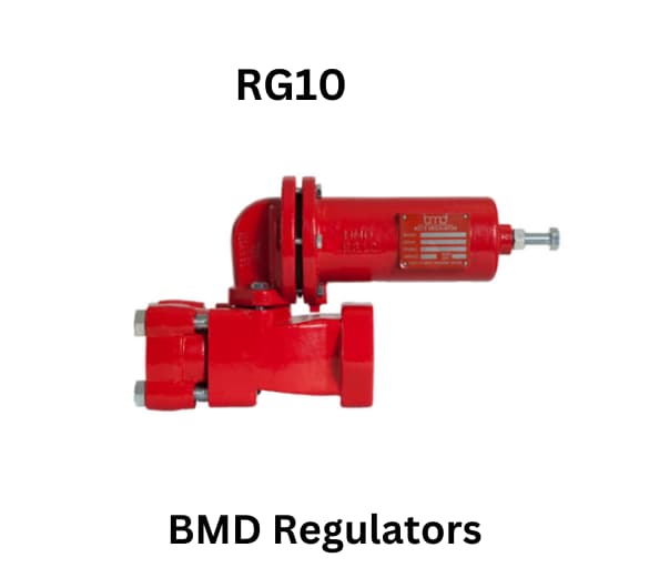 Red valve labeled 'RG10 BMD Regulators' showcasing its industrial design and functionality